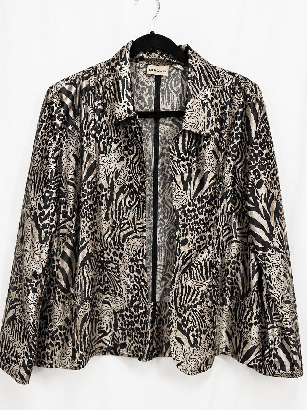 Chico's Black and Cream Animal-Print Open Front Blazer